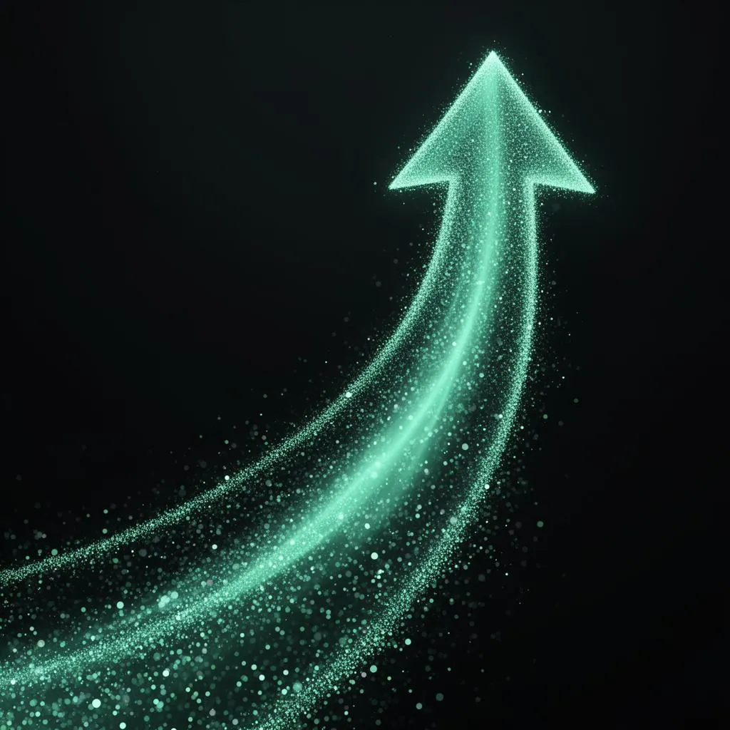 Glowing aurora particle arrow ascending, symbolizing business growth