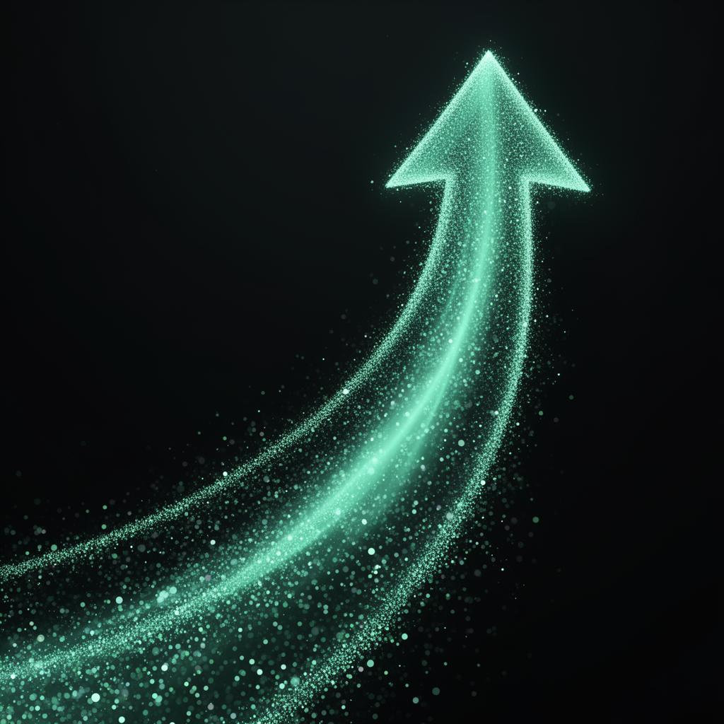 Glowing aurora particle arrow ascending, symbolizing business growth